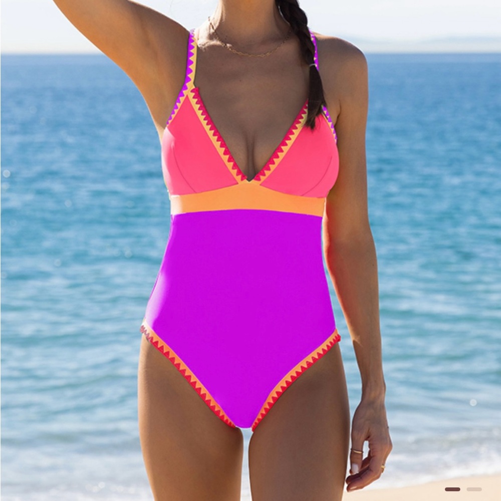 Popvil Color Block Patchwork Spandex Sweet One Piece